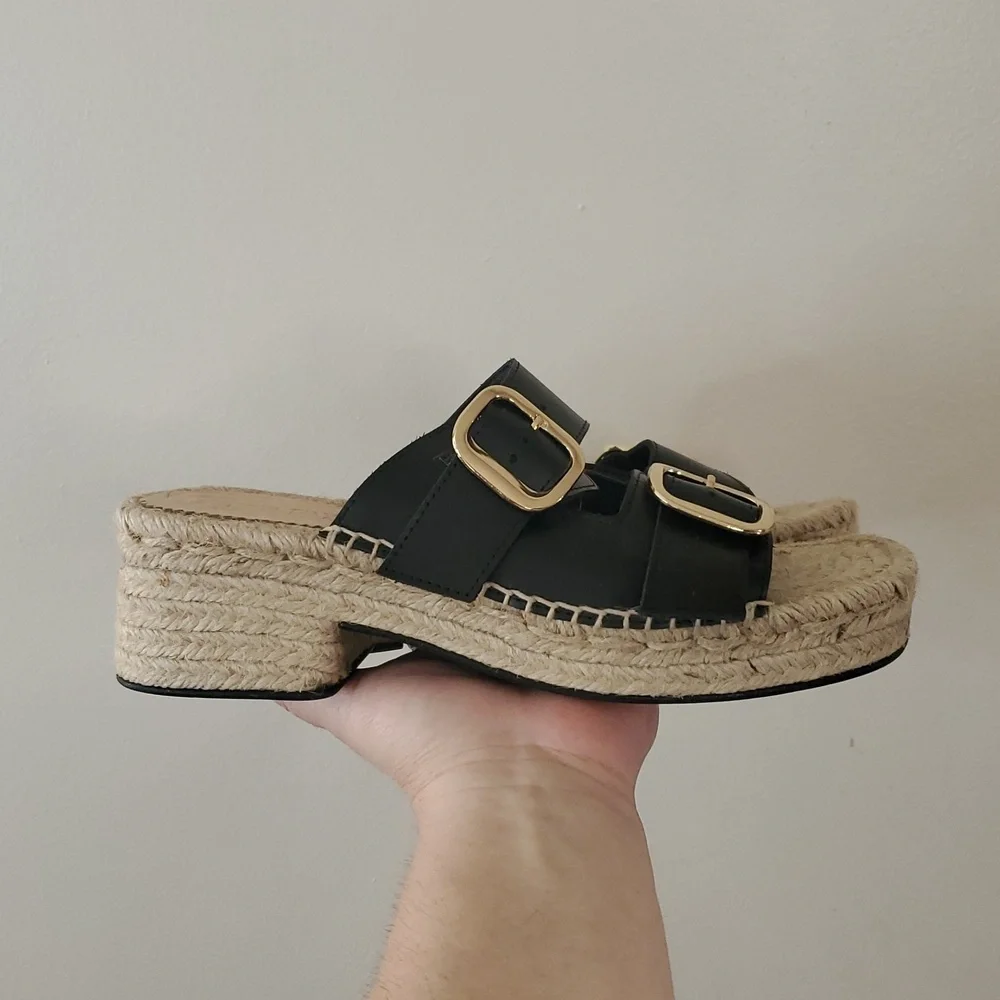J. Crew Black Leather Block Heel Espadrille Sandals Size 8 Gold Buckle Womens